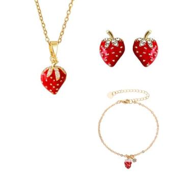 Imagem de coadipress Conjunto de 3 peças de joias de morango para mulheres, fofo, doce, morango, fruta, pingente, colar, delicado, moderno, pulseira de strass de morango, joia com pingente de festa de