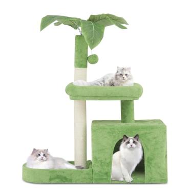 Imagem de Athena Collection Torre de árvore para gatos pequenos com poste para arranhar, condomínio moderno de 81 cm com bola de poleiro aconchegante, folhas verdes para gatinhos brincando em ambientes internos
