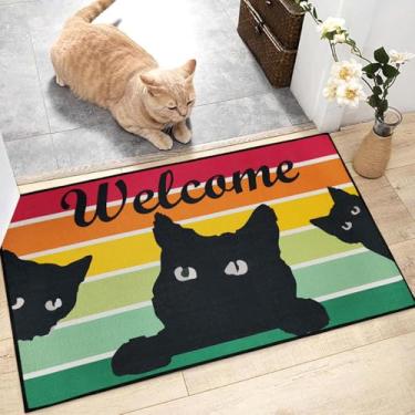 Imagem de Brevoscht Lindo tapete de porta lavável gato preto tapete de boas-vindas antiderrapante arco-íris tapete de cozinha tapete de linho engraçado capachos externos para quarto, sala de estar, casa de