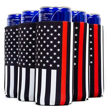 Imagem de QualityPerfection Slim Can Cooler Sleeves (pacote com 6) Isoladas, Cerveja/Bebida Energética Neoprene Bandeira Preta de 4 mm de Espessura com Listra Vermelha para Bebida Fina de 355 ml (Bombeiro)
