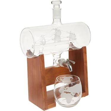 Imagem de NutriChef Decantador de vidro para uísque com taças – Conjunto de decantador de álcool, jarra de uísque, decantador com torneira, rolha e base, para conhaque de vinho conhaque, rum, gin, escocês, bourbon – NutriChef