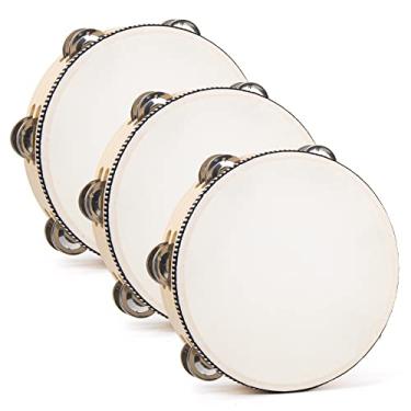 Imagem de AUEAR, Pacote com 3 pandeiros de madeira, fileiras duplas, pandeiros de metal, 20 cm, portátil para festa, igreja, KTV, musical, educacional