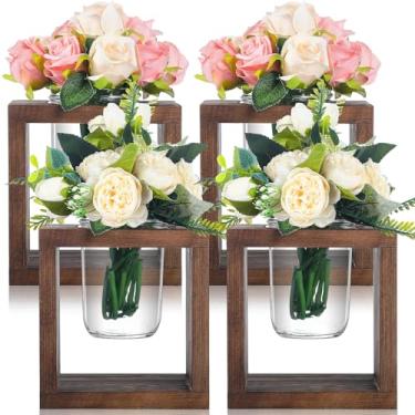 Imagem de GlikCeil Conjunto de 4 vasos de madeira com frascos, vasos de propagação de madeira boho, vasos quadrados de madeira rústica, centros de mesa, presentes de plantas para mulheres, mãe, casa, casamento