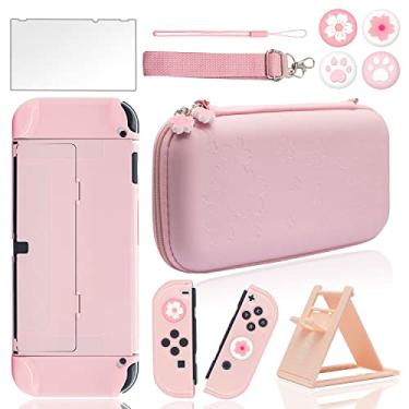 Imagem de BRHE Linda capa de transporte para Nintendo Switch/Switch OLED kit de acessórios com capa protetora dura, protetor de tela de vidro, suporte ultrafino ajustável e tampas de polegar 10 em 1 (rosa OLED)