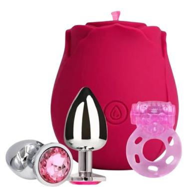 Imagem de Kit Sexshop Presente de Namorada Flor Tipo Rosa com função de vibrador Sucção do clitoris Pulsação com Plug pedra Anal em tamanho P e Anel peniano com vibrador.