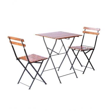 Imagem de Conjunto Mesa Dobrável 60x60cm Com 2 Cadeiras Ferro E Madeira Maciça Envernizada Natural
