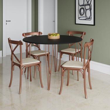 Imagem de Mesa Com 4 Cadeiras Katrina Cobre Elen Hairpin 110cm Jantar Preta Base Cobre Marrom