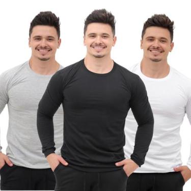 Imagem de Kit 3 Camisetas Masculina Manga longa Algodão Segunda pele com punho -