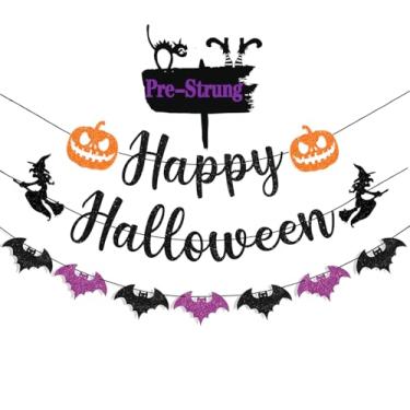 Imagem de Decoração de banner pré-amarrada feliz dia das bruxas com glitter, bruxa, abóbora, morcego, para festa, casa, escritório, sala de aula, interior, exterior, parede, cornija, lareira, pano de fundo