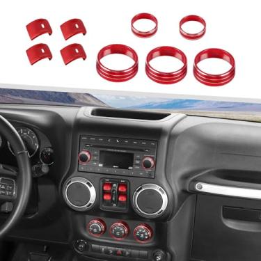 Imagem de Jimen Adequado para Jeep Wrangler JK JKU 2012-2018, 9 peças de console central, controle de ar condicionado, acabamento e botão de volume de rádio e capa de botão de interruptor de janela (vermelho)