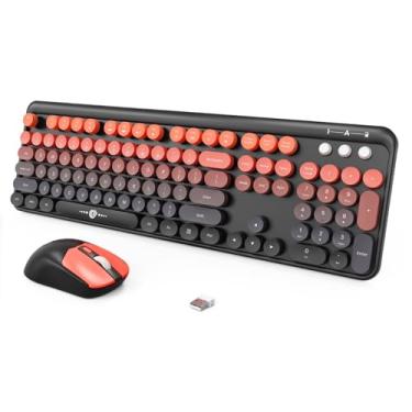 Imagem de Combo de teclado sem fio e mouse, teclado cremoso, lindo conjunto de teclado e mouse sem fio para desktop, laptop, PC (preto, vermelho e laranja)
