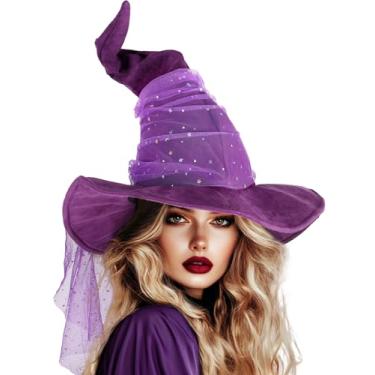 Imagem de Ibeauti Chapéu de feiticeiro para fantasia de Halloween adulto chapéu de bruxa acessório cosplay (malha roxa)