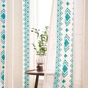 Imagem de Cortinas azul-petróleo, 203 cm de comprimento, bege, boêmio, para casa de fazenda, 2 painéis, cortinas bordadas boêmias para quarto, turquesa, vintage, geométricas, para sala de estar, filtragem de
