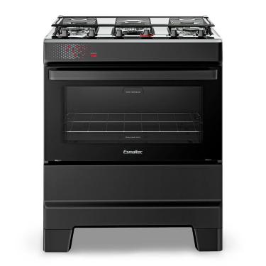 Imagem de Fogão A Gás Esmaltec Mesa Inox Tampa De Vidro Forno 84L Ideal Top Preto 5 Bocas Bivolt
