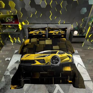 Imagem de Erosebridal Jogo de cama solteiro de carro de corrida, amarelo, 2 peças, geométrico, geométrico, para crianças, meninos, adolescentes, 2 peças, edredom geométrico