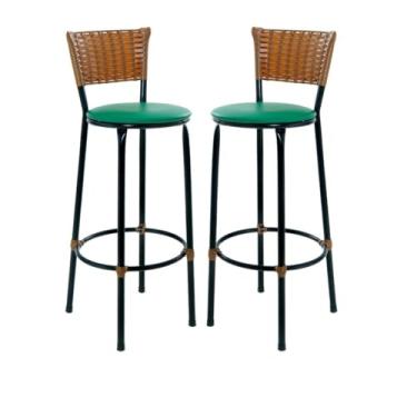 Imagem de Kit 2 Banquetas Cadeiras Altas Bistrô Encosto em Junco Imbuia Para Bancadas, Cozinhas e Áreas externas (VERDE)