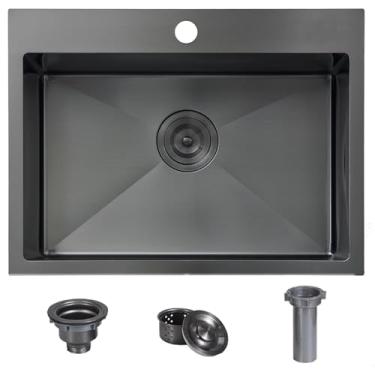 Imagem de Comllen Pia de cozinha preta de 55 x 45 cm, pia de barra de cozinha pequena de calibre 16 para trailer, montagem superior de aço inoxidável, para uso ao ar livre, tigela única, estação de trabalho