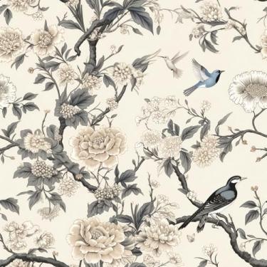 Imagem de Papel de parede floral removível de flores e pássaros, adesivo floral removível estilo chinês para locatário de quarto, papel de contato amigável para quarto, banheiro, paredes, forro de prateleira