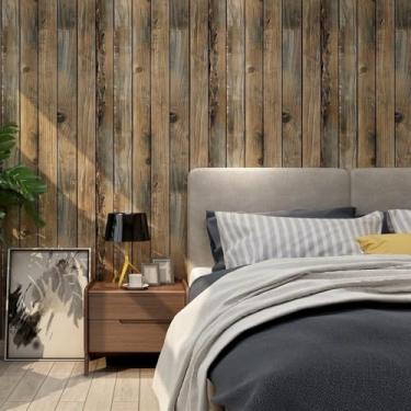 Imagem de Papel de parede autoadesivo de PVC de grão de madeira francesa sala de estar quarto bar café fundo decoração de parede adesivos de pano retrô grão de madeira 45 * 950 cm