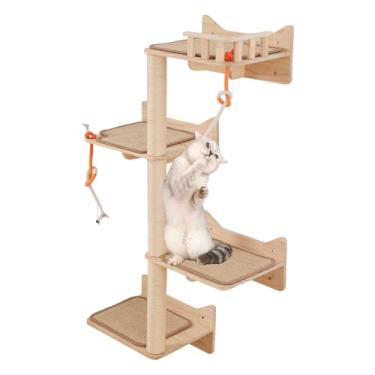 Imagem de KVIDA Árvore de gato montada na parede para gatos grandes – 7 peças de prateleiras de parede para gatos com 3 postes de sisal, poleiros largos e torre de vigia, móveis verticais para gatos escalados