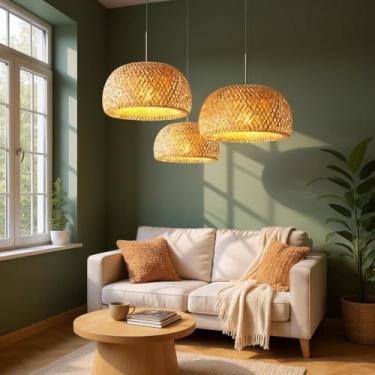 Imagem de Kit 3 Luminária de Teto Lustre Pendente Bambu Luzza Malibu Rústico 43cm