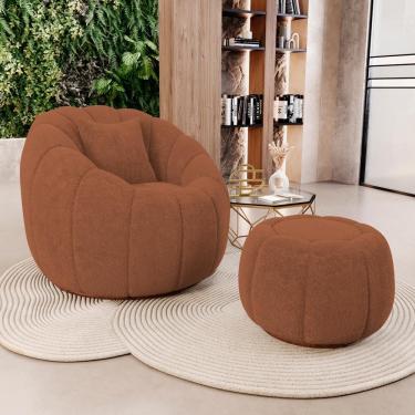Imagem de Poltrona Decorativa Concha Giratória com Puff Estilo Abóbora Shell Bouclê Terracota - Desk Design