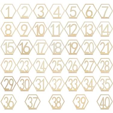 Imagem de 40 peças números de mesa de madeira com base de suporte 1 a 40 números de mesa de casamento números de mesa hexagonais números de mesa reutilizáveis número placa de madeira para banquete festa de