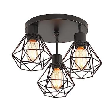 Imagem de SHIWEIDA 3 luminárias industriais de teto, gaiola de ferro, luminária pendente, 3 luminárias próximas ao teto, lustre moderno para entrada de quarto, corredor de cozinha