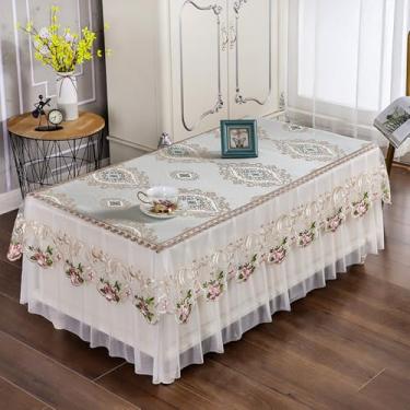Imagem de Wuluwala Toalha de mesa de centro de cetim jacquard bordado de renda de poliéster e saia de mesa em uma peça adequada para decoração de casamento, sala de estar, cozinha, 66 cm x 119 cm