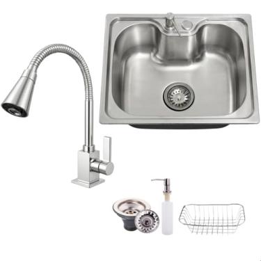 Imagem de SOFTINOX Kit Cuba Pia de Cozinha Inox 50x40 Escovada com Torneira Gourmet Cone Quadrada 2 Jatos, Cesto Escorredor e Dispenser Detergente – Kit Completo e Excepcional