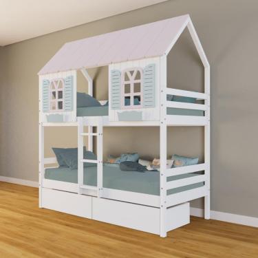 Imagem de Beliche Casinha Bela com 2 Gavetas - Madeira Maciça Branco/Rosa/Verde | Housin