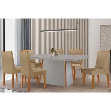 Imagem de Conjunto Sala de Jantar Tilia c/ Tampo Madeirado c/ Vidro Canto Curvo 180x90cm e 6 Cadeiras Dakota Madeira Maciça Naturale/Off White - Capuccino/Linho
