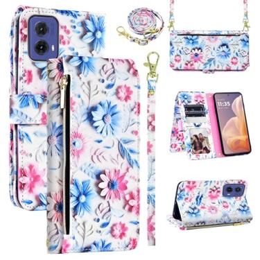 Imagem de Dswteny Capa carteira para Motorola Moto G85 com alça de pulso removível, bolsa com zíper floral couro PU suporte suporte para cartão acessórios capa de celular para XT2427-3 mulheres homens rosa