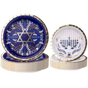 Imagem de WRAPAHOLIC 50 peças de pratos de papel de Hanukkah – 23 cm e 17,8 cm Pratos descartáveis de estrela de Davi e Menorá pratos decorativos de jantar para festas, utensílios de mesa, decoração de mesa