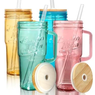 Imagem de ANOTION Conjunto de 4 copos de vidro colorido com alça, copos de vidro de 680 g com tampas e canudos, caneca de café de viagem, frasco de vidro de bambu, copo gelado, smoothie, chá, transparente, fofo