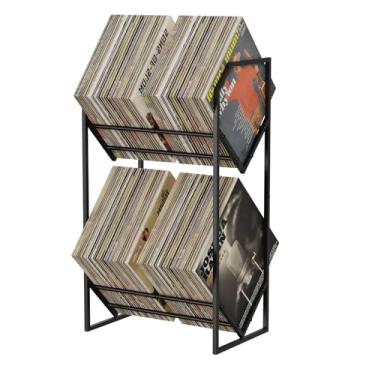 Imagem de PAPAGIFTREE Rack de armazenamento de discos de vinil, suporte de disco de vinil de 2 camadas, 200 Lps, prateleira de exibição de álbum de design reforçado para armazenamento e suporte de discos