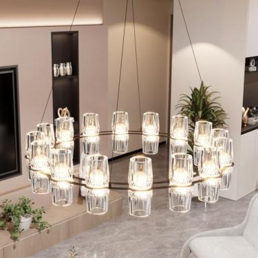 Imagem de ABTTOI Lustre de roda de vagão preto H110, candelabros de anel de diâmetro de 86 cm Lustre preto claro 32 para teto alto, lustres modernos de fazenda para sala de estar, sala de jantar, entrada