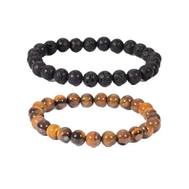 Imagem de TUDUHUT Conjunto de pulseiras de contas de pedra vulcânica e olho de tigre de 8 mm, 2 peças de pulseiras feitas à mão
