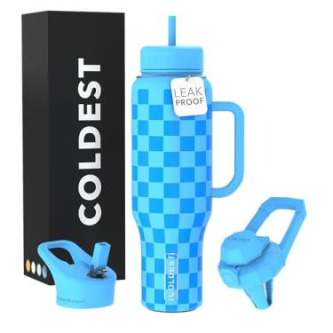 Imagem de Copo Coldest com alça e canudo - Copo isolado 100% à prova de vazamento com tampa e canudo (3 tampas) - Copos de aço inoxidável para mulheres e homens - Base compatível com porta-copos, 1,304 g