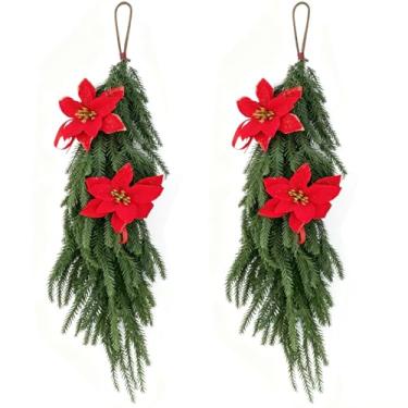 Imagem de VQOIHP 2 peças de gota de neve de Natal, 69,8 cm, agulhas artificiais de pinheiro, porta de lágrima com decoração de flores vermelhas, adequado para portas de entrada internas e externas, escadas