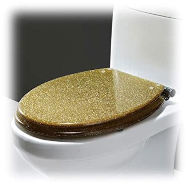 Imagem de Assento sanitário macio fechado, assento de vaso sanitário oval com glitter com liberação rápida é fácil de limpar, banheiro assento de vaso sanitário de resina (cor: dourado com purpurina)