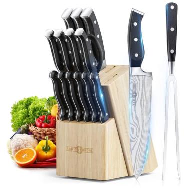 Imagem de Conjunto de Facas com Bloco de Bancada, Afiador Embutido e Cabo Ergonômico, 16 Peças, PARIS RHONE, Preto