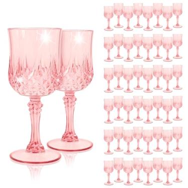 Imagem de EVSGSONL Pacote com 48 taças de vinho de plástico rosa, taças de plástico vintage para festas, copos de água rosa claro reutilizáveis para recepção de casamento, suprimentos de festa para grandes