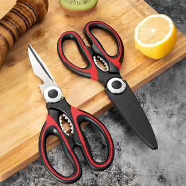 Imagem de 2 tesouras de aço inoxidável resistentes: perfeita para cortar carne, peixe e muito mais, pode ser lavada na lava-louças (preto e vermelho)