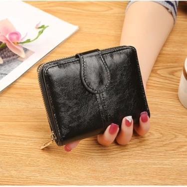 Imagem de Bolsa feminina com zíper, cor sólida, porta-moedas, fivela, porta-cartões (preto), Preto, Carteira curta