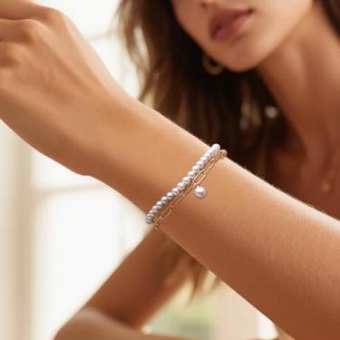 Imagem de Pulseira feminina banhada a ouro com pingente de pérola em camadas, delicada e ajustável, presente de joias para festivais de verão, Medium, Latão, Sem Pedra Preciosa