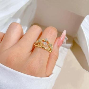Imagem de Anel ajustável de compromisso com coroa de coração CZ banhado a ouro delicado cristal expansível oco declaração de amor anéis de dedo envoltório aberto ajuste confortável elegante joias de noivado de