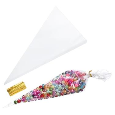 Imagem de 100 sacos de petiscos de 18 cm de comprimento com laços dourados torcidos sacos de presente em forma de cone OPP material para embalagem de biscoitos, presentes, lembrancinhas, produtos, doces