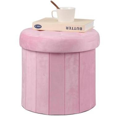 Imagem de AmasSmile Banqueta dobrável para descanso para os pés, banco pequeno de veludo de 35,5 x 35,5 x 33 cm, banco otomano curto, loja de descanso para os pés, baú cobertor, rosa