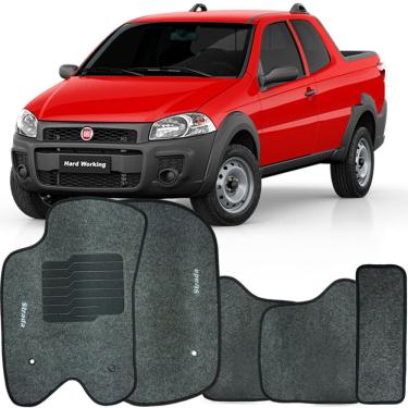 Imagem de Jogo de Tapete Automotivo Carpete Fiat Strada Cabine Dupla 2013 à 2019 Soft Logo Bordado Grafite